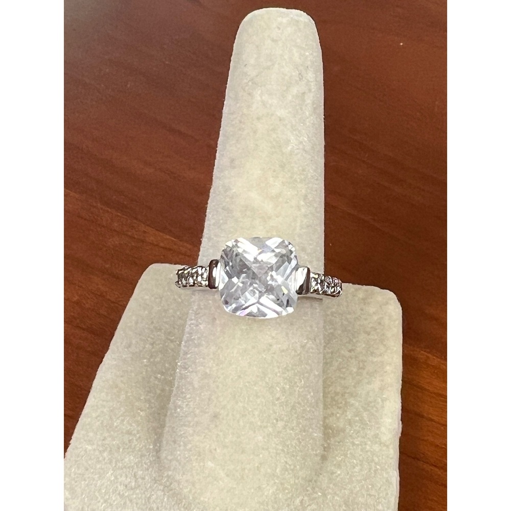 Silver Tone Cushion Cut Clear Cubic Zirconia Accent Cocktail Ring Size 5.25